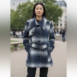 Miss Sixty  Blue Wool blend Plaid Belted Coat Jacket Y2K sz XL